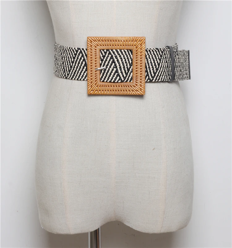 Летние эластичные плетеные соломенные поясные ремни с квадратной пряжкой