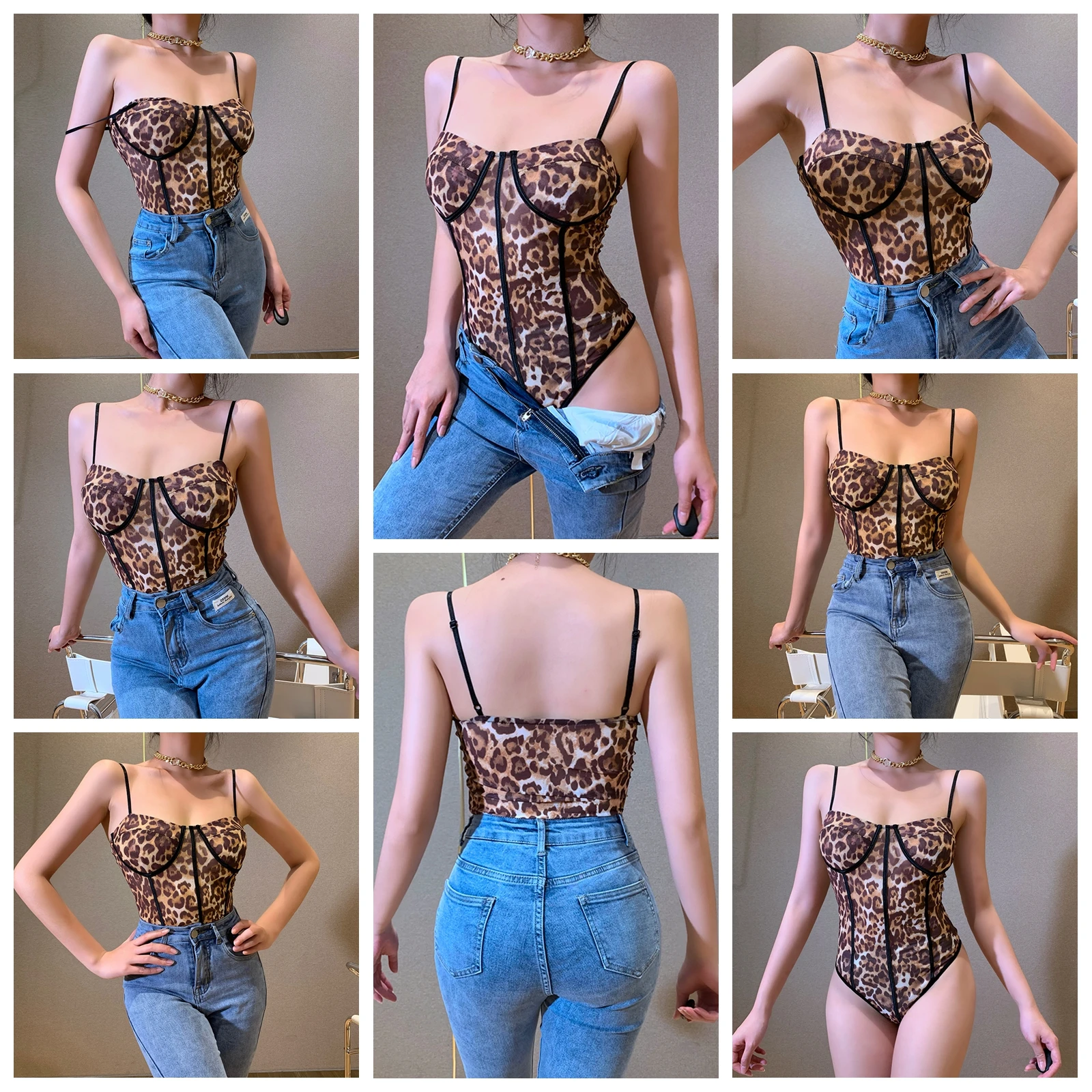 

Gaono Women's Leopard Print Cami Bodysuit Hot Girls Spaghetti Strap Sleeveless Bodycon Leotard Tops Corset Garment