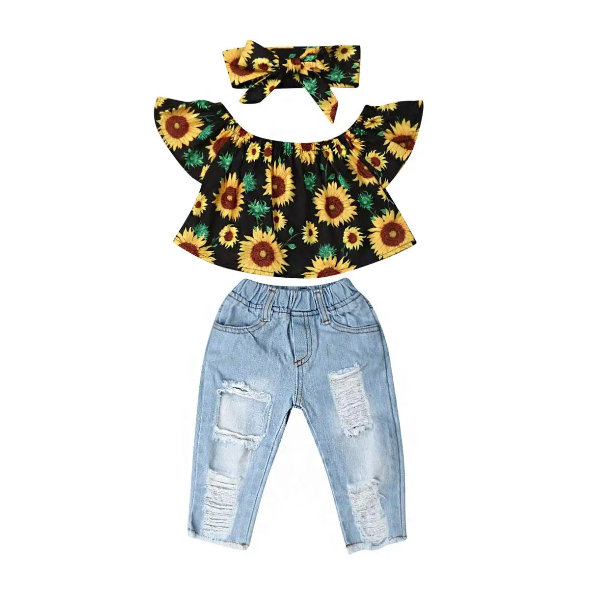 Новинка 2020 топ с открытыми плечами для маленьких девочек джинсовые брюки