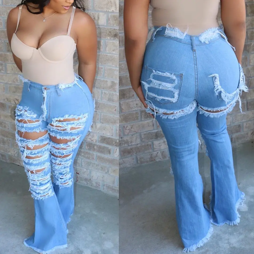 

ChocoMist Jean Fashion Hole Design Streetwear Women Flares Pants HSF2259