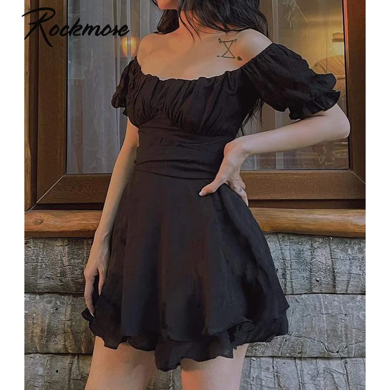 

Rockmore Sexy Bare Shoulders A-line Dress Evening Party Mini Dresses Women's Short Sleeve Folds Bandage Dress Sundress Summer