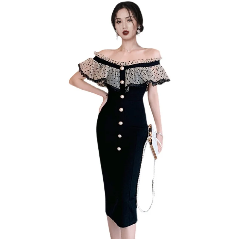 

COIGARSAM Sexy Lace Women dress New Summer Dresses Black 845