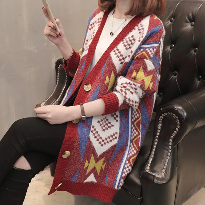 Женские свитера с этническим принтом сезон осень Новинка Женский вязаный свитер