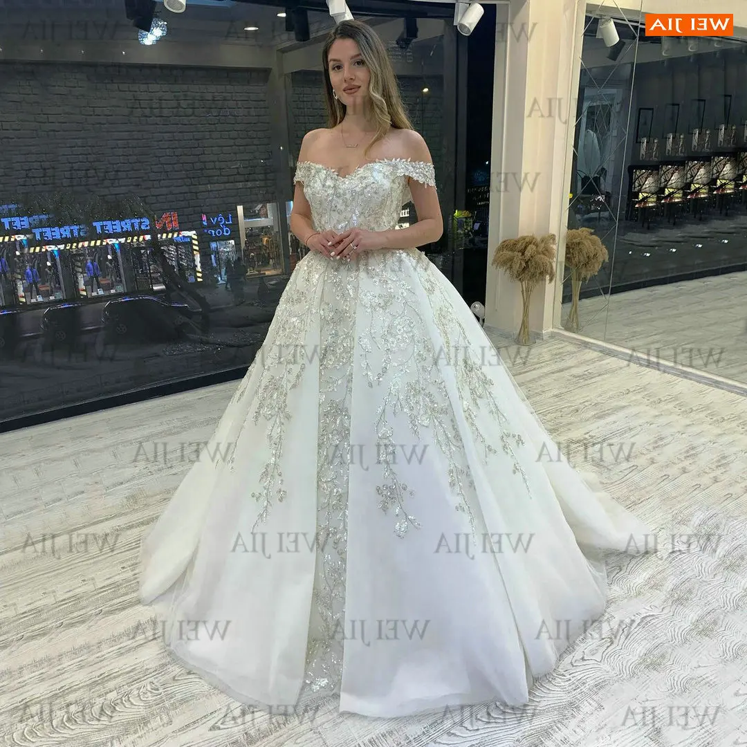 

Glitter White Wedding Dresses Lace Up 2021 Vestido De Noiva Off Shoulder Appliqued Beading Bride Gowns Custom Made Suknia Slubna