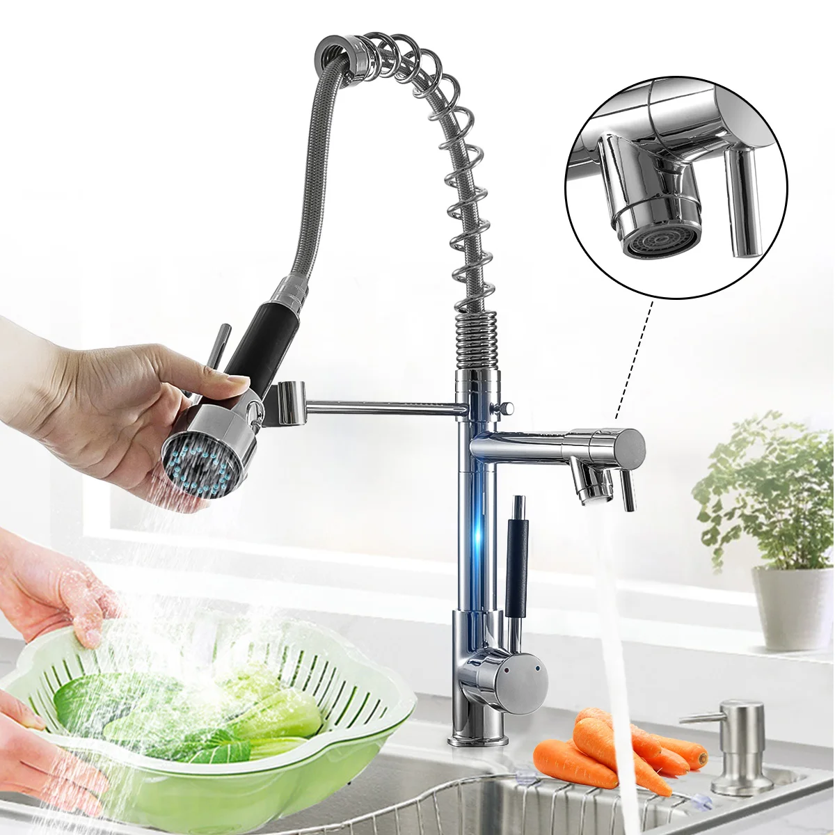 

NEW Kitchen Chrome Pull Out Side Spring Faucet 360 Rotation Sprayer Dual Spout Single Handle Mixer Tap Sink Faucet Deck Mounted