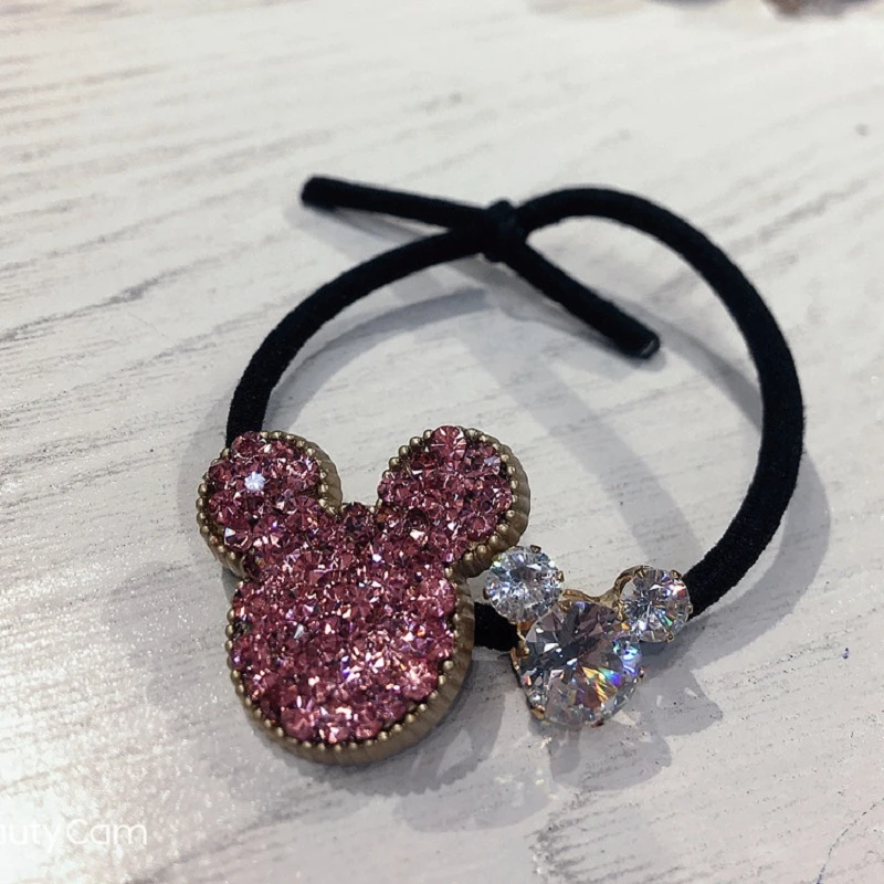 Disney Mickey Head Rope Korean Luxury High Quality Rhinestone Crystal Rubber Band Hair Tie Fairy Ring Doll Accessories Girl |