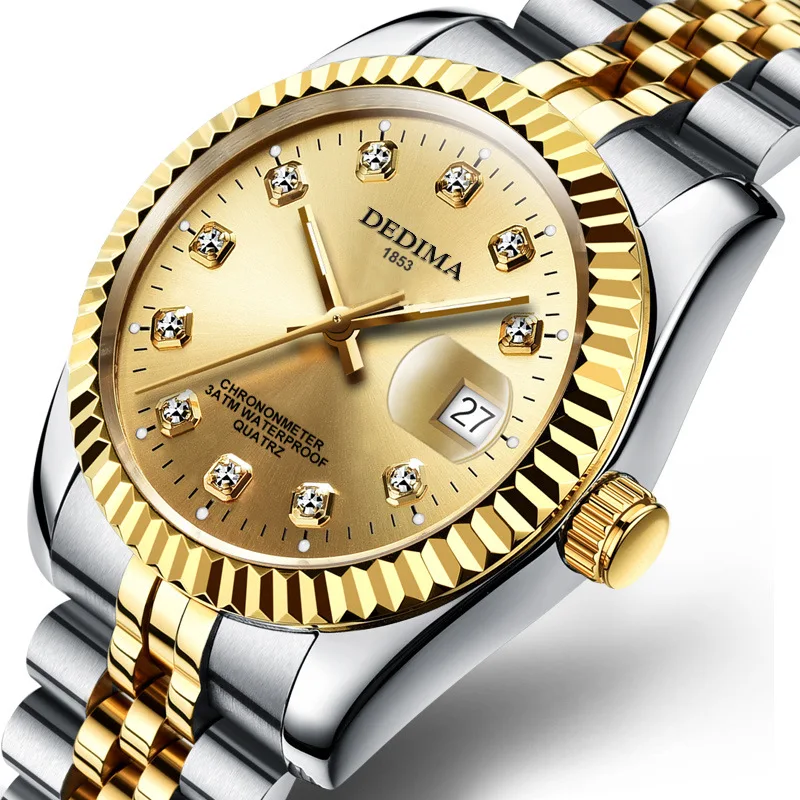 Fashion couple steel band watch waterproof high-end gold watch brand men's and women's student calendar gold watch
