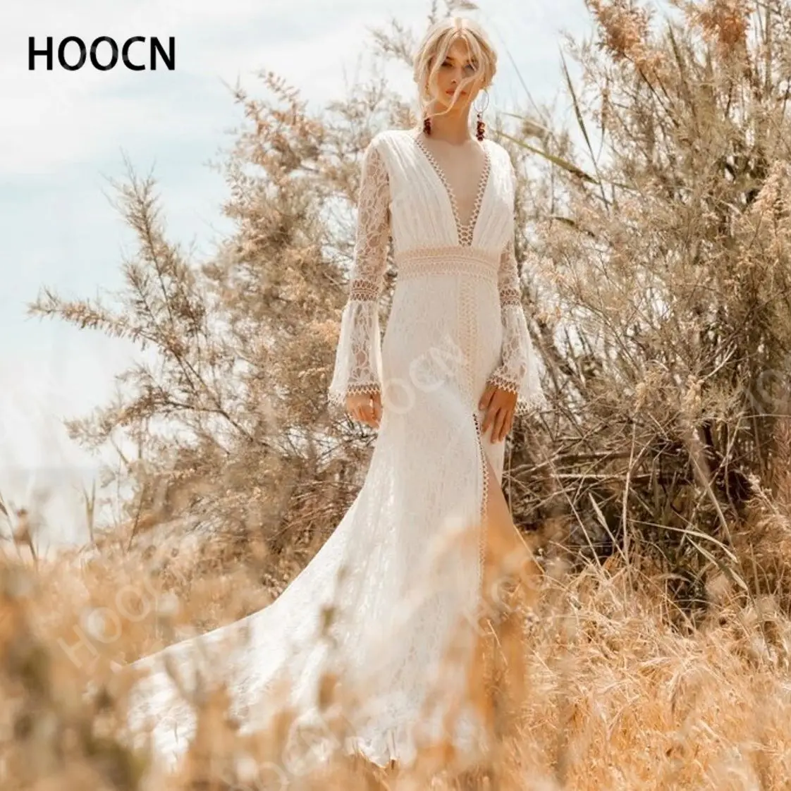 

HERBURNL Elegant Ladies V-neck Long-sleeved Lace Applique Dress Bridal Gown Temperament Vestido De Mariee Wedding Dress