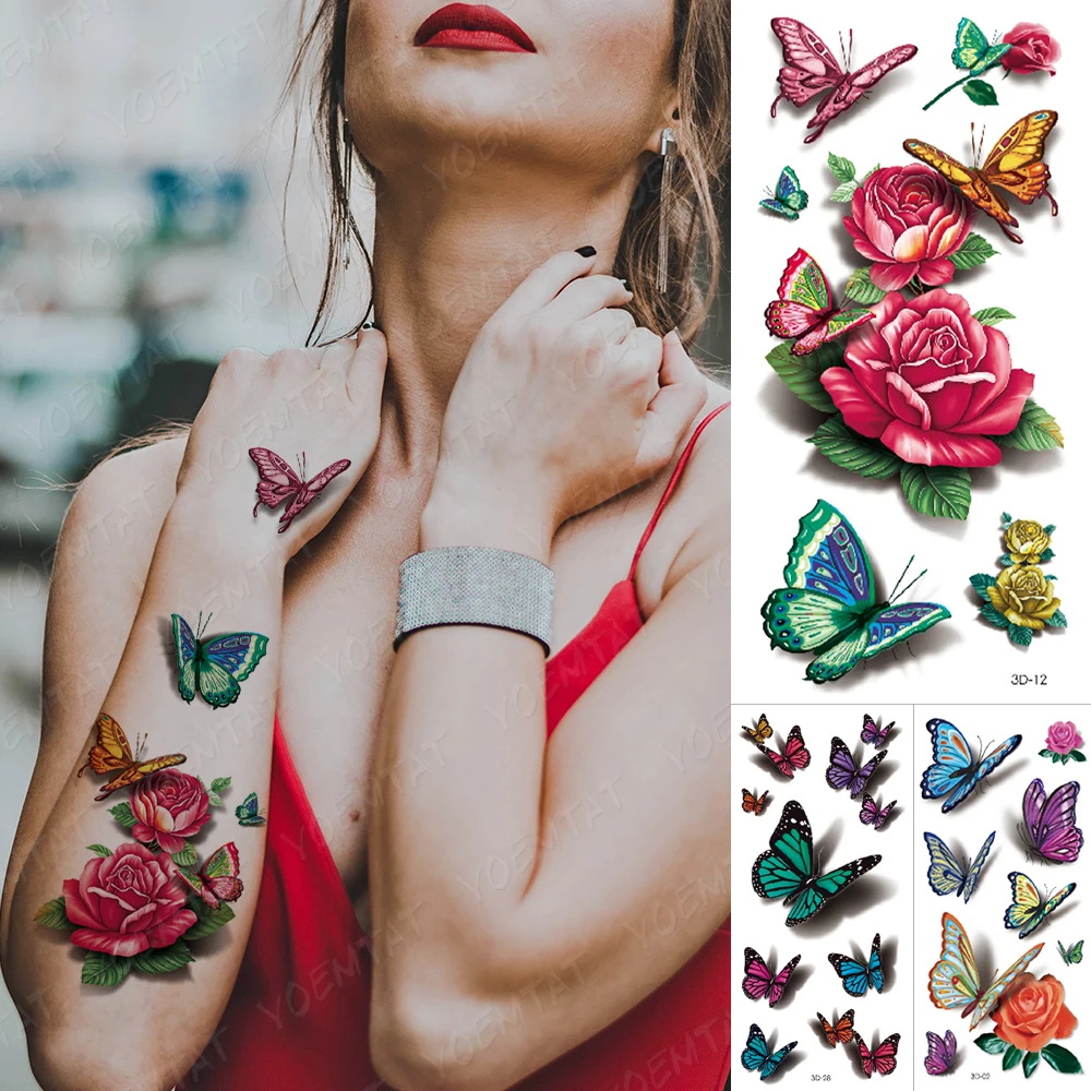 

3D Красочные водостойкие Временные татуировки стикеры бабочка поддельные татуировки флэш роза перо тату боди-арт для женщин