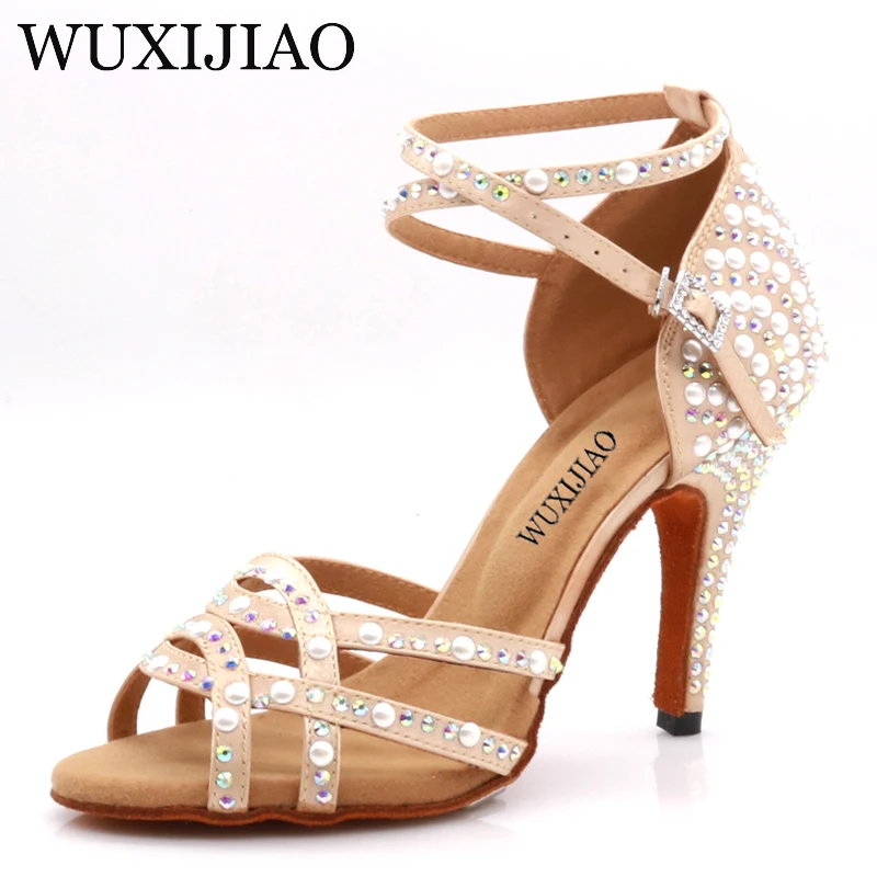 WUXIJIAOLatin танцевальная обувь для танго леди кожи цвета и rhinestoneswoman латинские танцевальные туфли латинские блестящие туфли