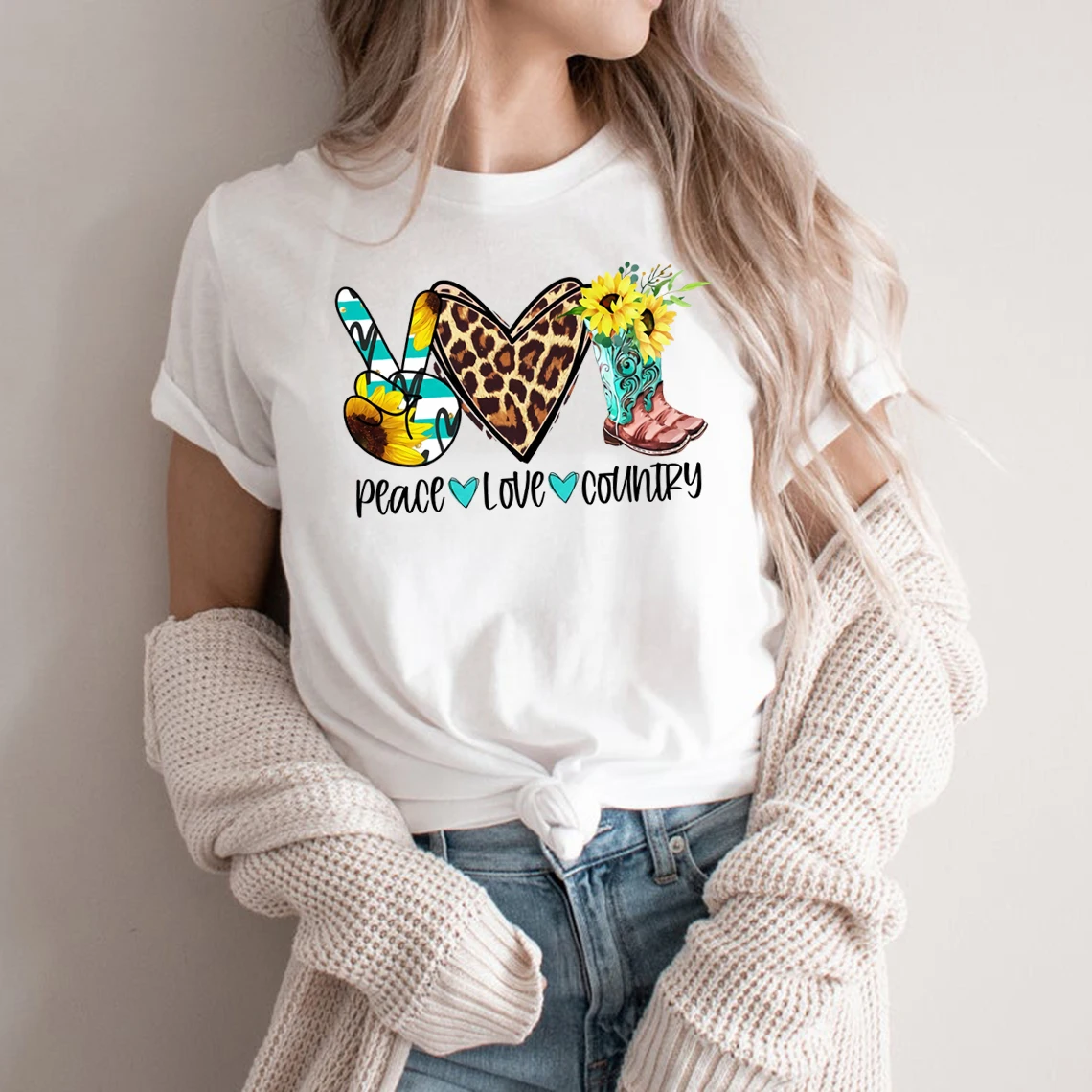 

Футболки Cowboy and Cowgirl, повседневная женская одежда, милая рубашка Peace Love Country, рубашки для девочек, футболки для девочек на ферме