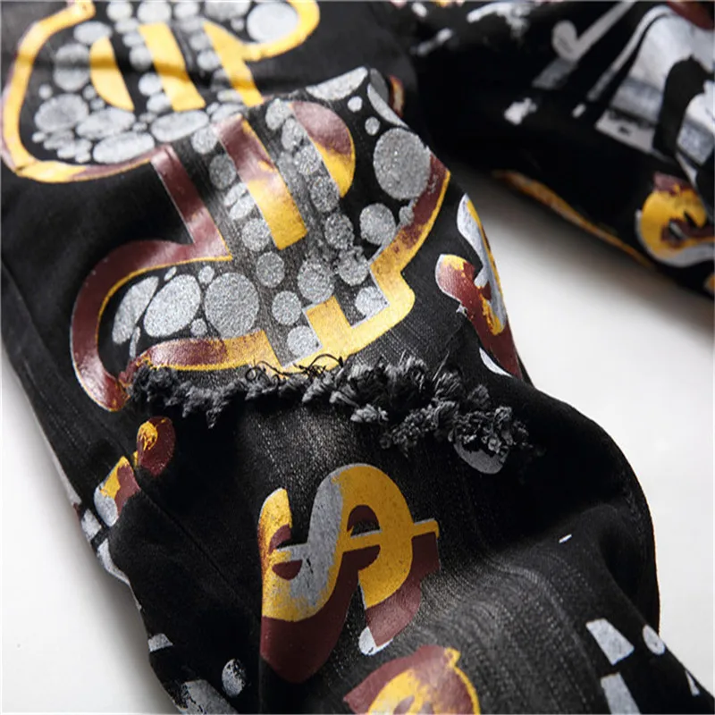 Men's Large Size Seasonal Fashion Casual All-Match Black Print Slim Hole Stretch Jeans With Small Feet