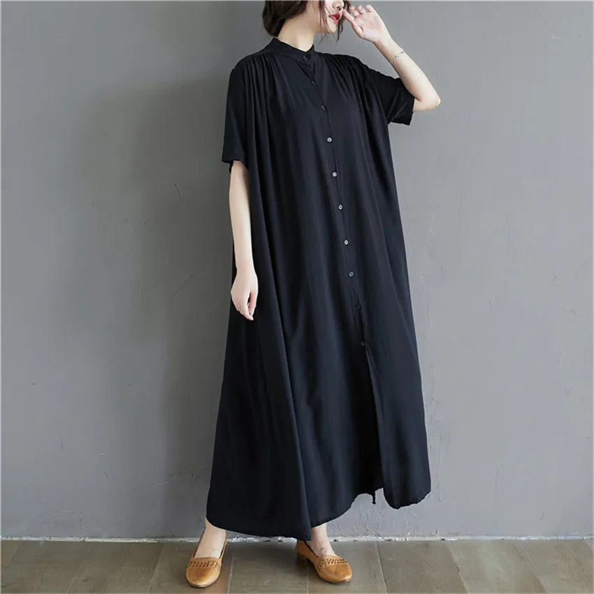 

Summer Plus Size Dresses For Women Casual Black White Cotton Shirt Dress Chinese Style Holiday Maxi Dresses Robe Femme