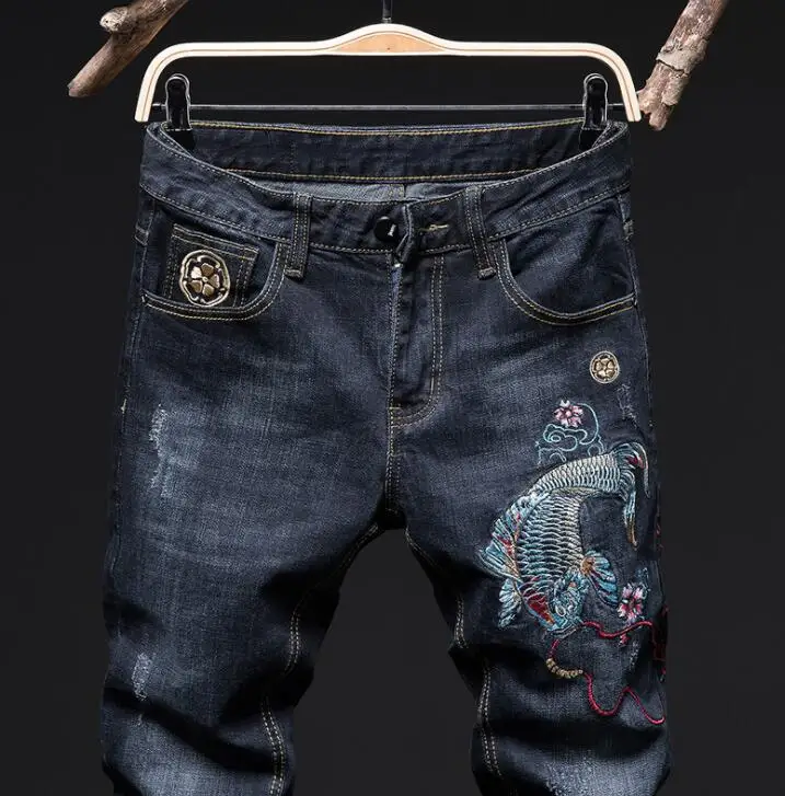 Mens jeans embroidered original design trousers new American style small straight stretch carp dark blue slim trendy pants