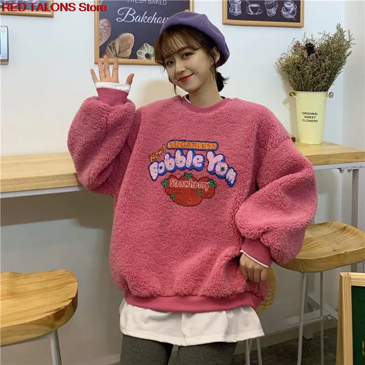 

2021AutumnWinter New Fashion Loose Letter Printing Round Neck Sweet Pullover Thickened Hoodie Woman Fake Two Piece Top Warm Coat