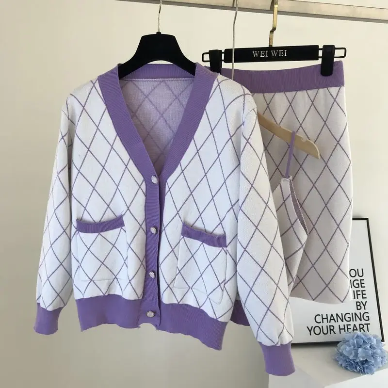

Autumn Winter Elegant Plaid Knittdg Woman Suit Set Short Vest +V-Neck Cardigan Sweater Tops + Mini Skirts 3-piece Set Outfits