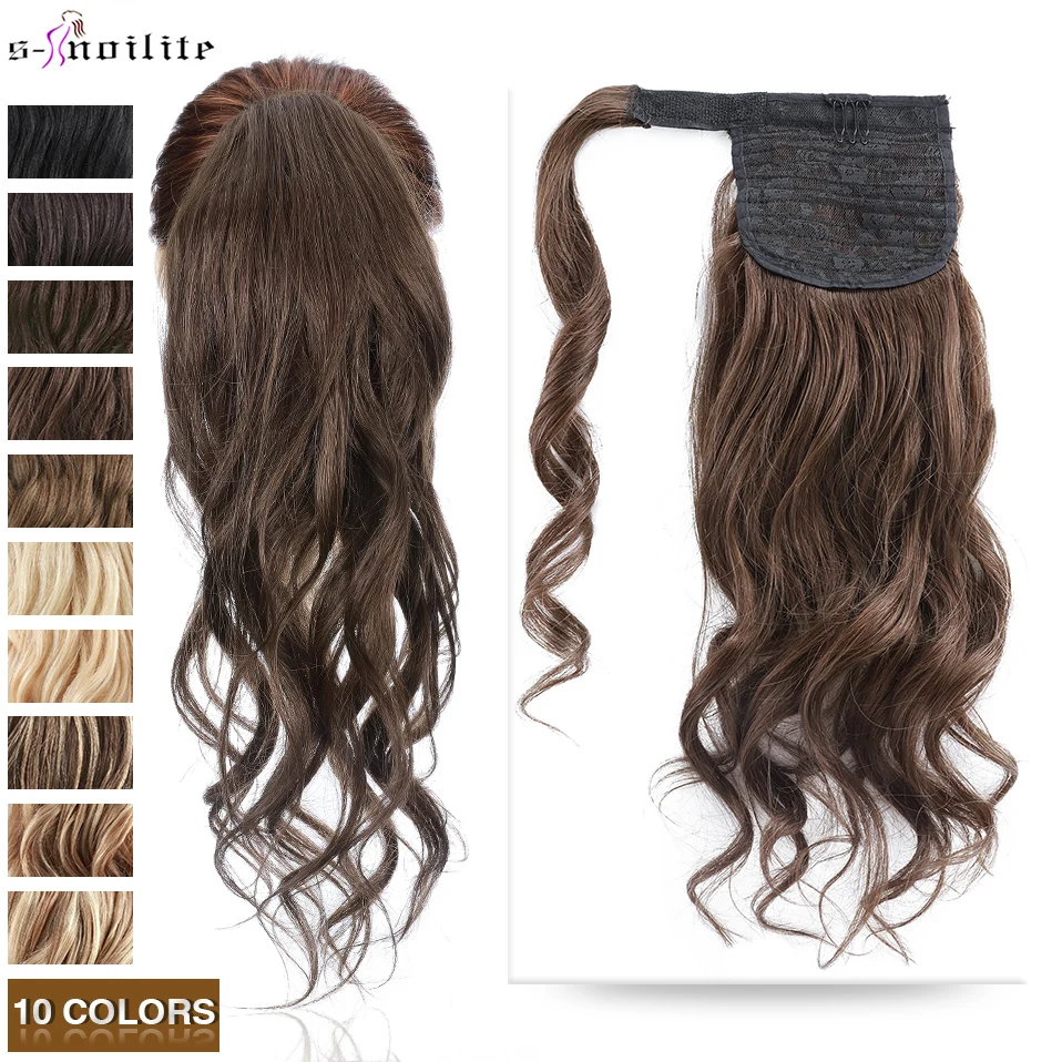 

S-noilite Ponytail Human Hair Velcro Wavy Ponytail Hair Extensions Natural Human Hair Wrap Around 18inch 90g Hairpieces Clip In