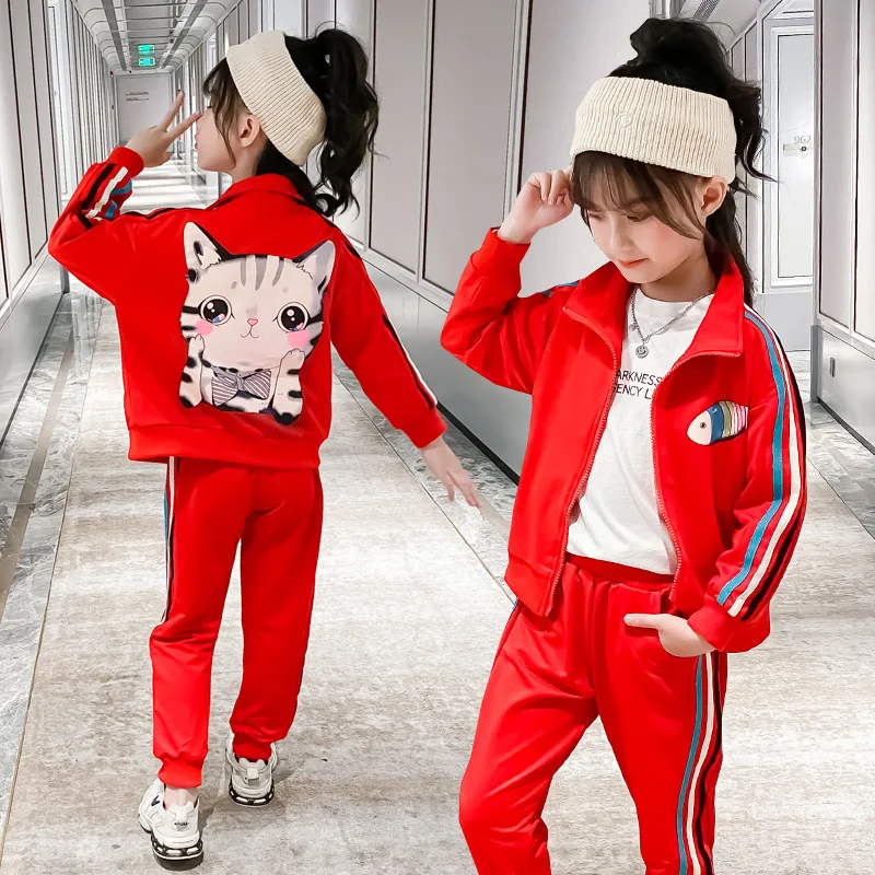 

New Girl's Suits Autumn Winter Clothes Long Sleeve Coat+pant Cardigan Children's Pants Cat Two-Piece Sport Set 5 6 8 10-12 Ages