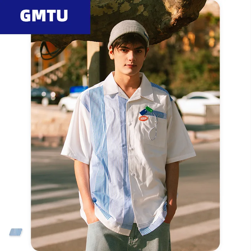 

Spring/Summer Personality Loose Stripe Stitching Hit Color Casual Lapel Men's Short Sleeve Shirt Men's Men's Shirts