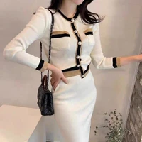 quality knitting 2 two piece set women white elegant o neck sweaterelastic waist skirts korean autumn business skirt outfits