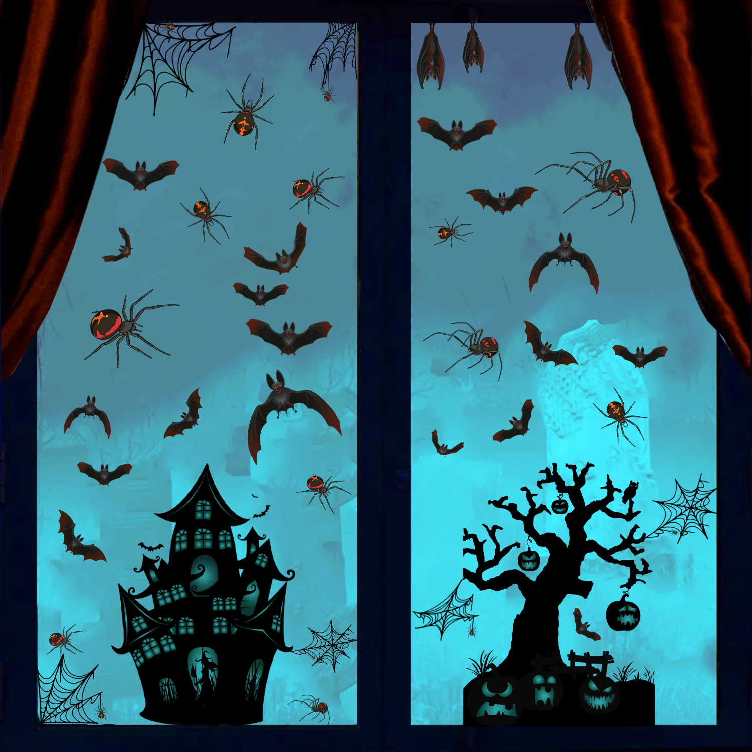 

6pcs New Halloween 2021 Window Sticker Halloween Pumpkin Decor Horrible Castle Theme Parti Decor Trick Or Treat Bat Window Decor