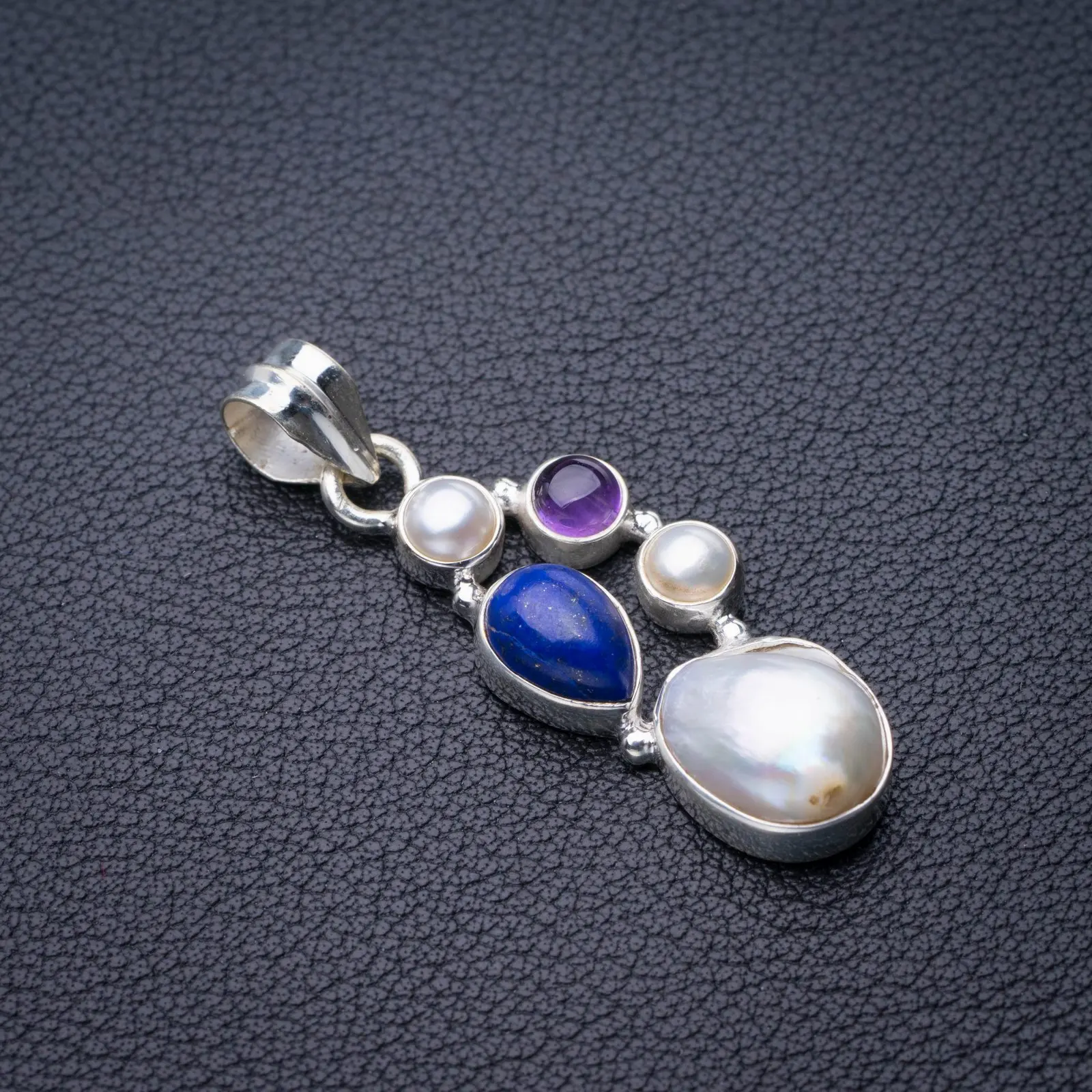 

StarGems Natural Biwa Pearl,Lapis Lazuli And Amethyst Handmade 925 Sterling Silver Pendant 1.75" E0349