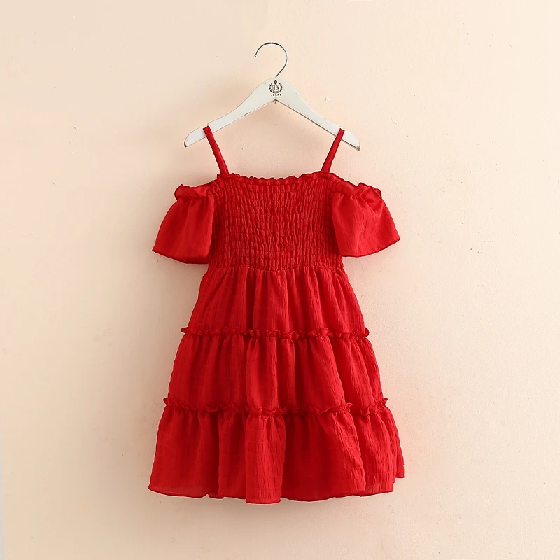

Kids Strap Dresses 3-9 Y Baby Girls Korean Pleat Solid Color Cute Dress Toddler Clothes Summer New Fashion Red Dresses for Girls