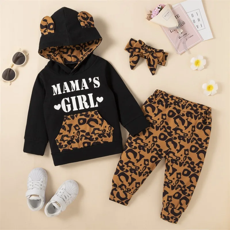 

Baby Girl 3Pcs Fall Outfits, Letter Print Long Sleeve Hoodie + Leopard Pants + Headband Set