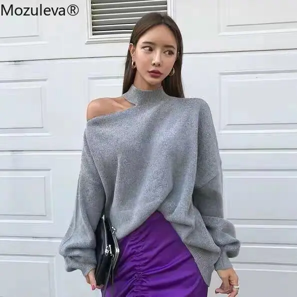 

Mozuleva Elegant Winter Turtleneck Cold-shoulder Twist Women Pullover Sweater Casual Loose Female Knitted Jumpers Knit Tops