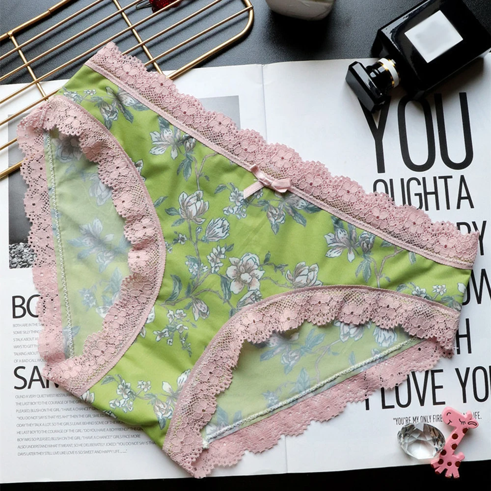 

Fashion Lace Edge Floral Panties Women Low Waist Sexy Ice Silk Seamless Briefs Female Bowknot Ladies Underwear