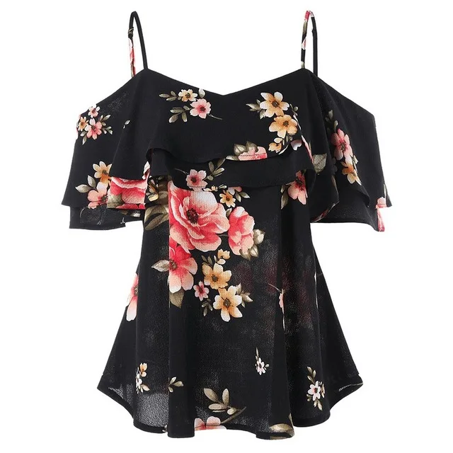 Black(style1) Puimentiua, женские летние рубашки с цветочным принтом, модные топы с оборками, пикантная шифоновая без бретелек, блузки, женские повседневные блузки размера плюс - Цвет: Black(style1)
