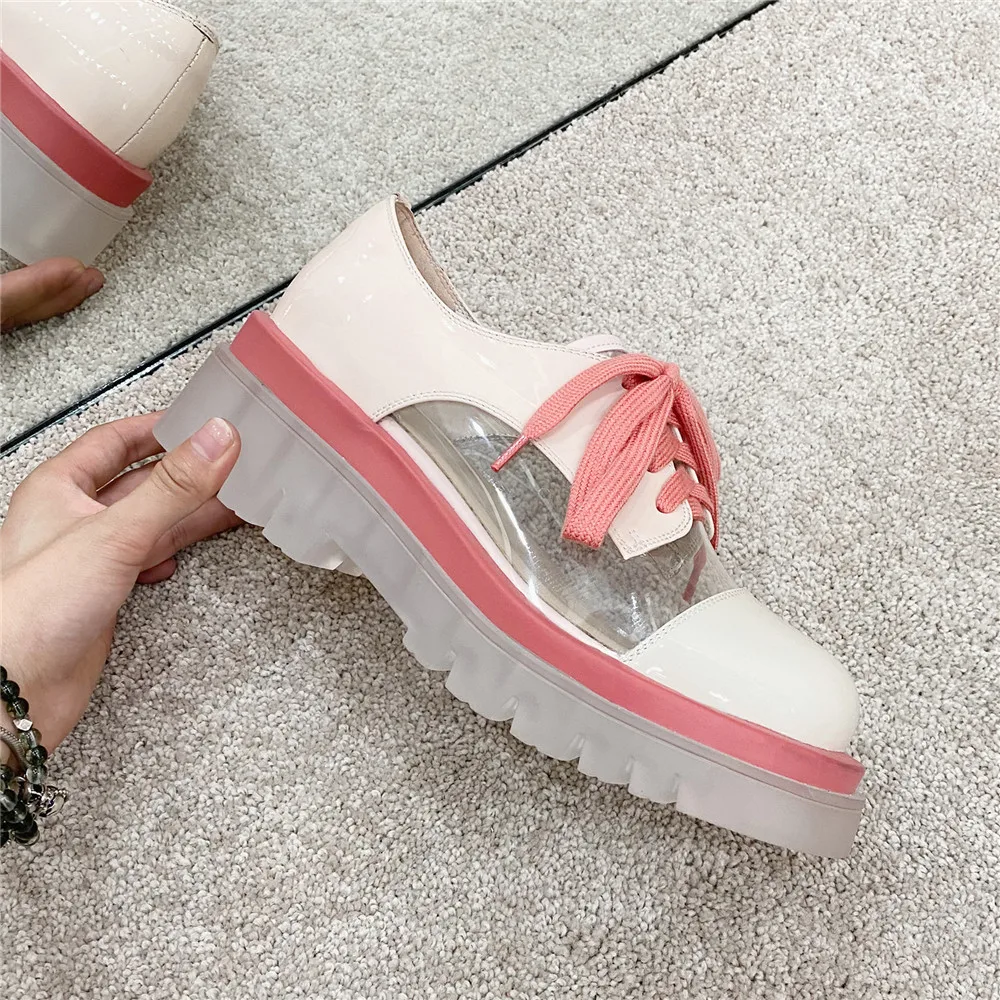 

Orignice Fashion Mixed Color Women Patent Leather PVC Sneakers Round Toe Lace Up Thick Heels Casual Street Shoes Plus Size 34-40