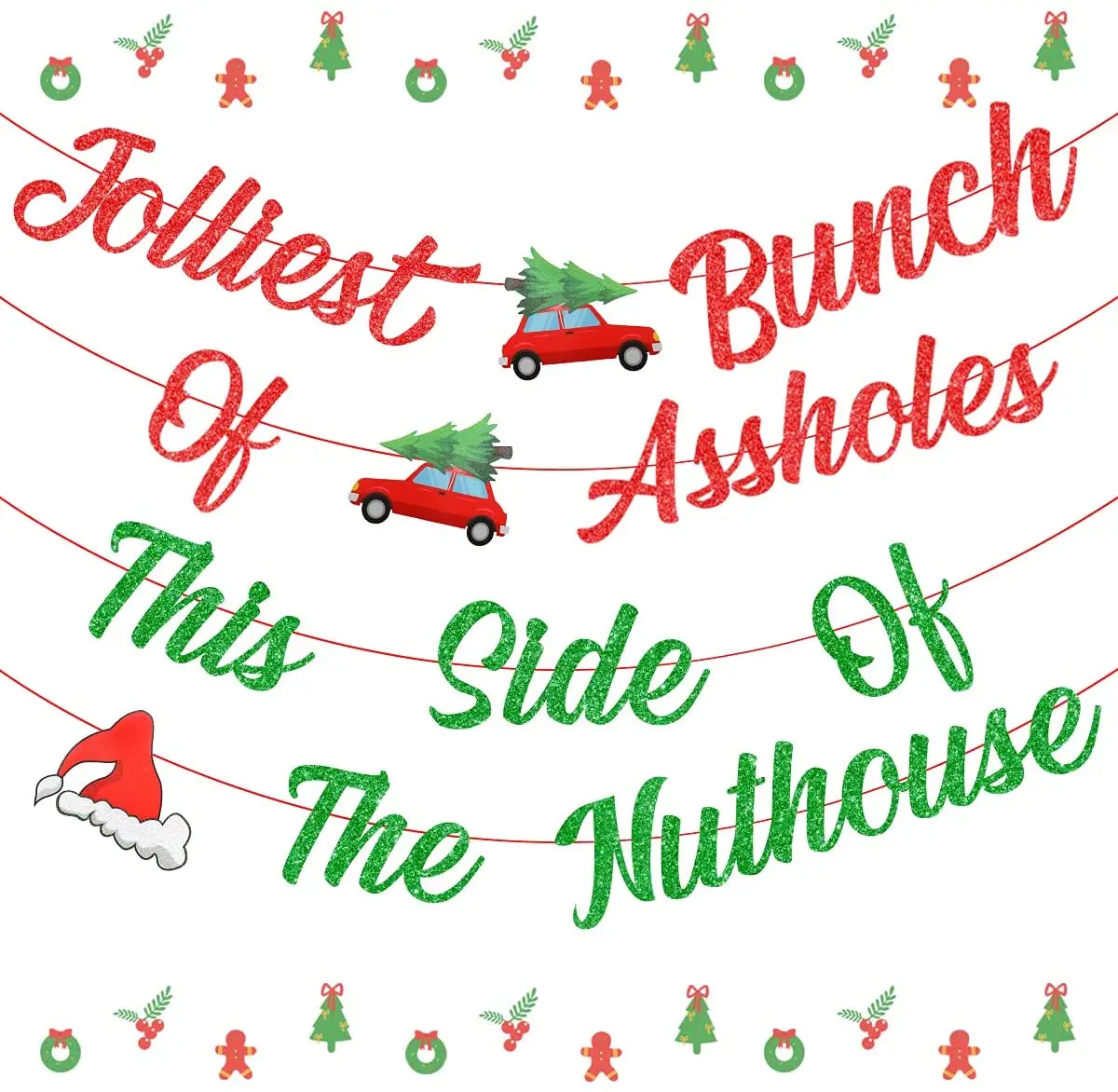

Christmas Vacation Banner - Jolliest Bunch Of Assholes Banner Glitter Red and Green Xmas Sign Decor Garland for Home Office