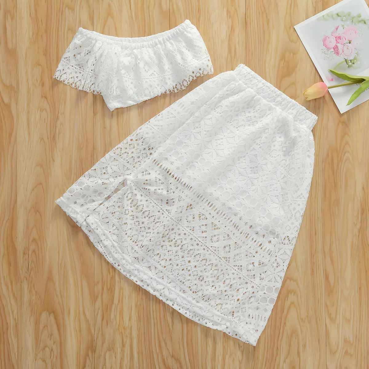 1-6 Infant Kids Baby Girls Boho Clothes Sets Lace Flowers Off Shoulder Tops+Ruffles Skirts Outfit Summer | Мать и ребенок