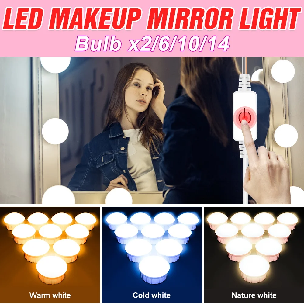 

3 Colors Dimmable Kit Makeup Lamp LED Bulb 12V Beauty Decoration Wall Mirror Light USB Dresser Vanity Table Lamp 2 6 10 14 Bulbs
