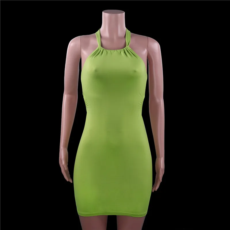 

WJFZQM Halter Sleeveless Mini Dress Women Sheath Backless Cut Out Sexy Off Shoulder Slim Bodycon Sexy Green Dresses 2021 Summer