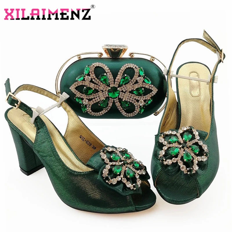 

Модные женские темно-зеленые сандалии и сумочка в комплекте, 9 см, высококачественные итальянские туфли и сумочка в комплекте для свадьбы