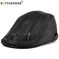 buttermere black berets for men leather flat caps male adjustable ivy cap zipper genuine sheepskin leather italian duckbill hats