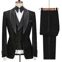 jeltonewin custom made fashion shiny black men suits 3 pieces shawl lapel brand designer wedding party tuxedos jacket vest pants