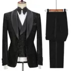 Модные блестящие черные мужские костюмы JELTONEWIN по индивидуальному заказу, 3 предмета, шаль, лацканы, брендовые дизайнерские смокинги для свадебной вечеринки, пиджак, жилет, брюки