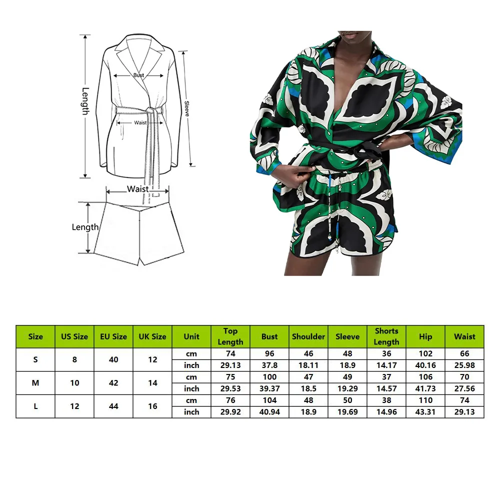 

Retro loose casual street shorts suit bow tie belt cardigan shirt shirt women 2021 summer green print high waist shorts women