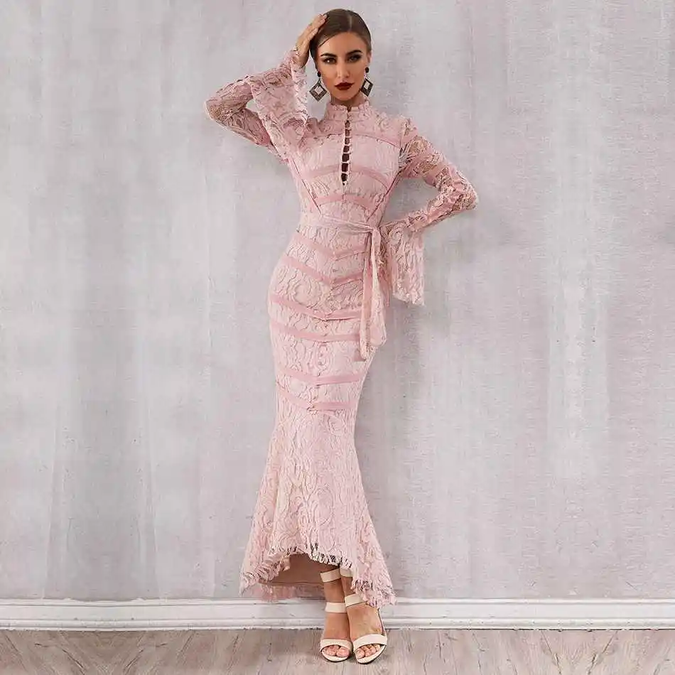DressBird, женское осенне-зимнее Бандажное облегающее платье с длинным рукавом, Vestidos, сексуальное, кружевное, миди, розовое, черное, знаменитостей, вечерние платья, Vestido
