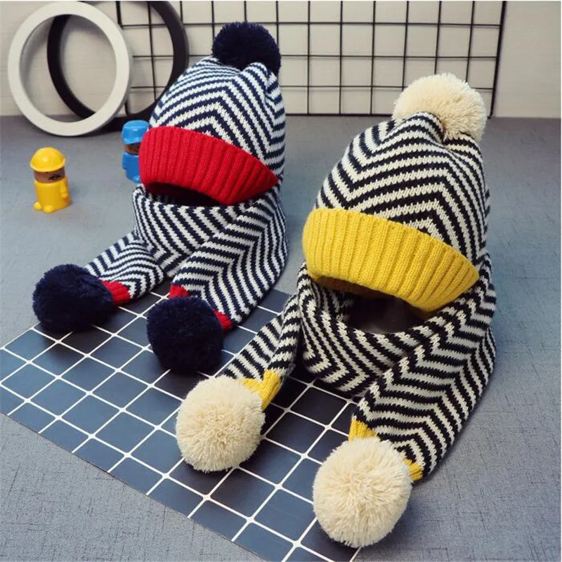 Детская однотонная одежда в полоску с помпоном шапка и шарф комплект детской