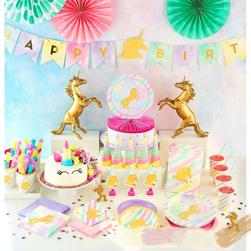 Набор одноразовой посуды с золотым единорогом украшение для вечеринки в честь