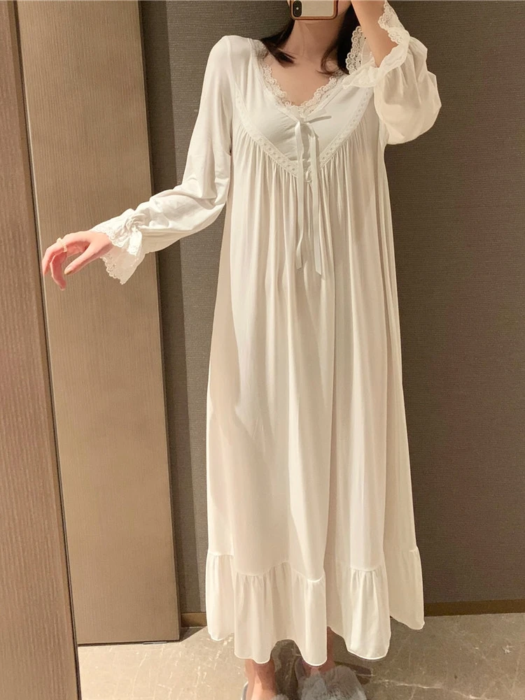 

Fairy Nightgown 2021 Spring/Autumn Sweet Cute Princess Style Modal Cotton Thin Nightdress V-neck Full Sleeve Lace Bow Sleepwear
