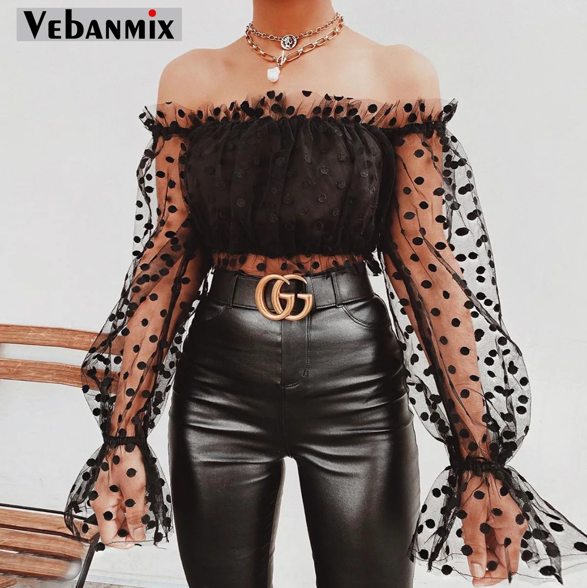 Женская прозрачная блузка с открытыми плечами черная белая короткая в горошек