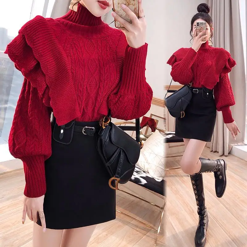 

Женский трикотажный свитер с оборками, винтажная Водолазка с длинным рукавом, элегантные пуловеры, шикарная трикотажная одежда, модель W653, ...