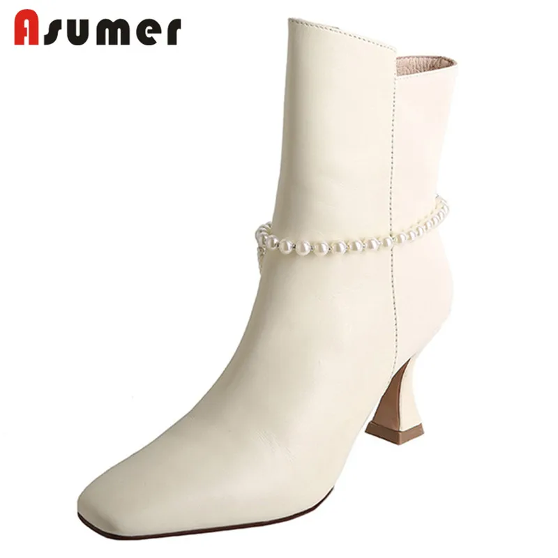 

Asumer Genuine Leather Footwear 2021 Ankle Boots Women High Heels Party Shoes Pearl Zip Autumn Winter Boots Women Black