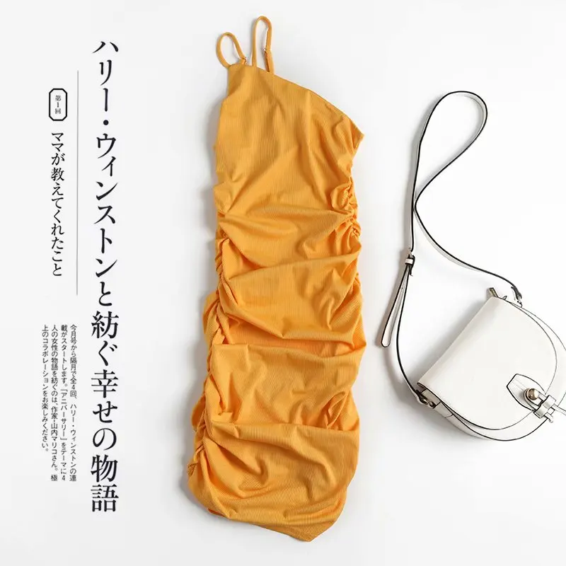 

Vintage Camisole Sexy Halter Slanted Shoulder Women Dress Fashion Solid Color Waist Sleeveless Chic Female Mini Dresses