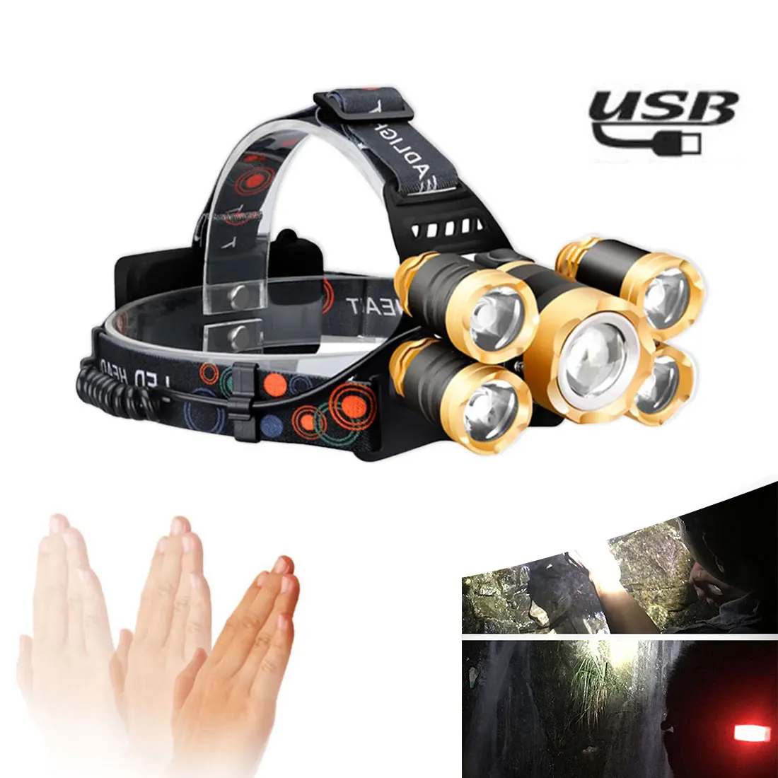 

IR Sensor LED Headlamp Smart Light T6 Zoom High Power Rechargeable Fishing Lantern 18650 Head Torch Waterproof For Camping